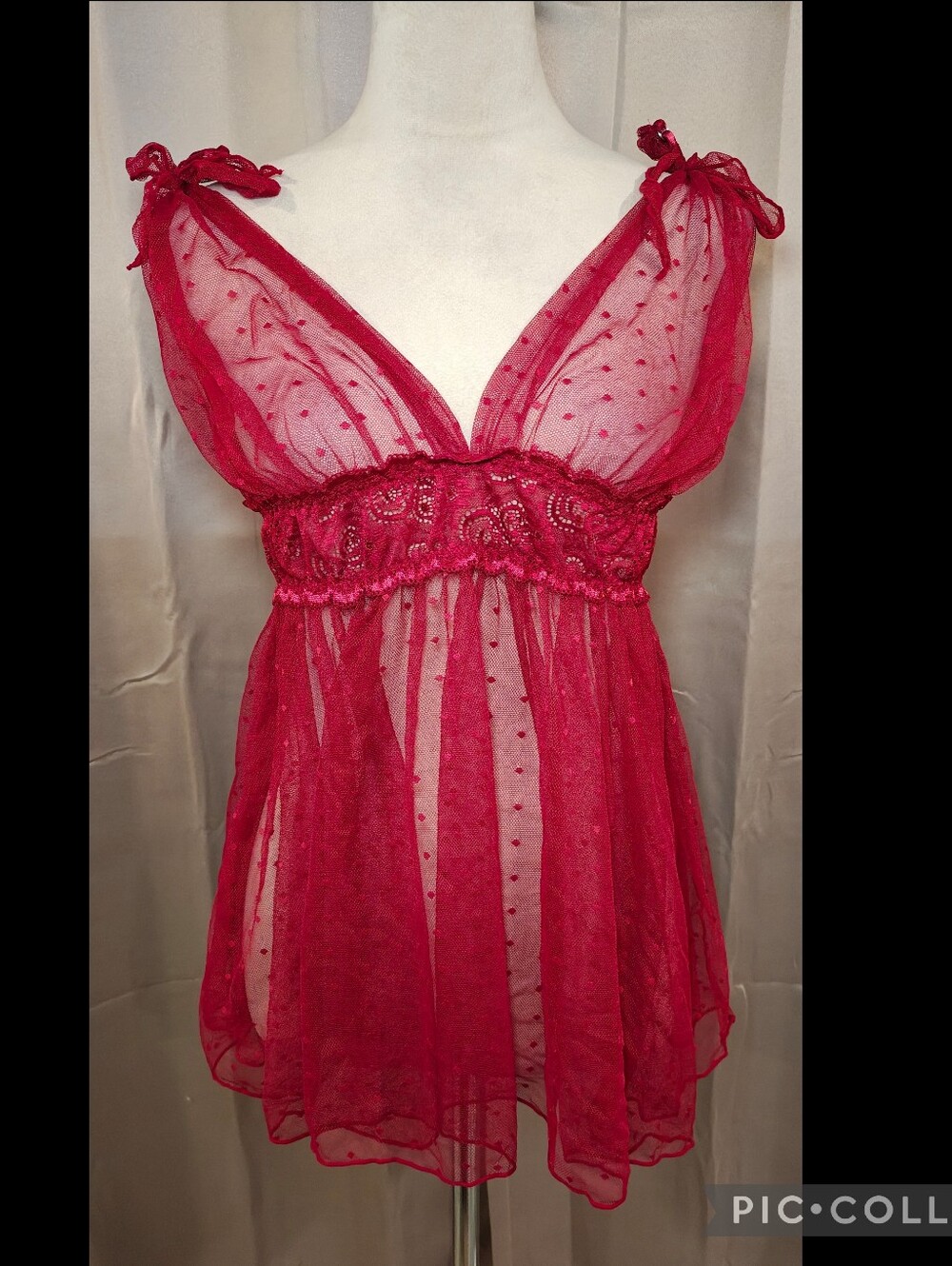 🍷 Plus Size Sheer Point D'Esprit Mesh Polka Dot Babydoll Lingerie Slip Dress 🍷